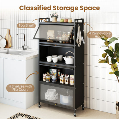 5-Tier Kitchen Cabinet, 4 Flip-Up Doors, Black