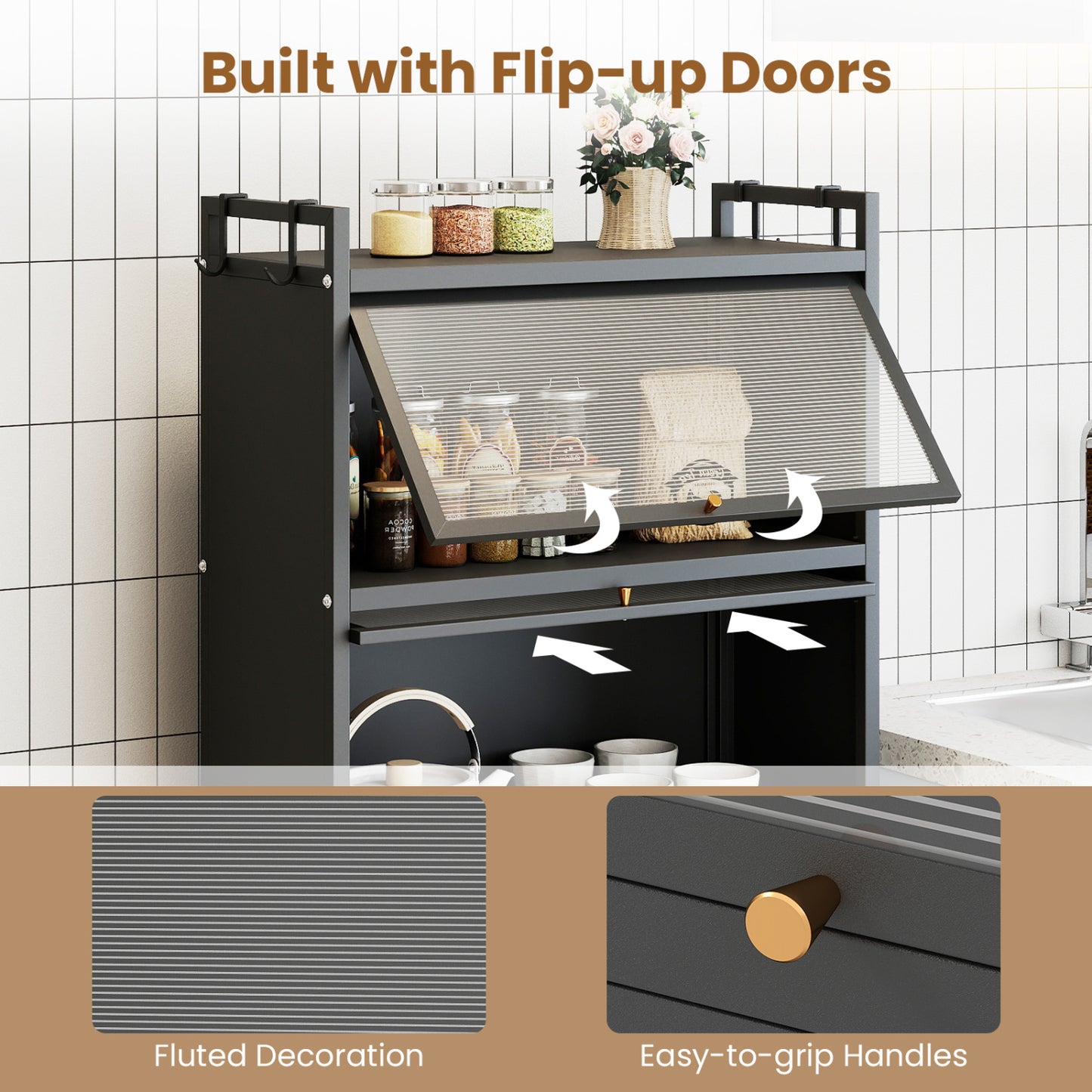 5-Tier Kitchen Cabinet, 4 Flip-Up Doors, Black