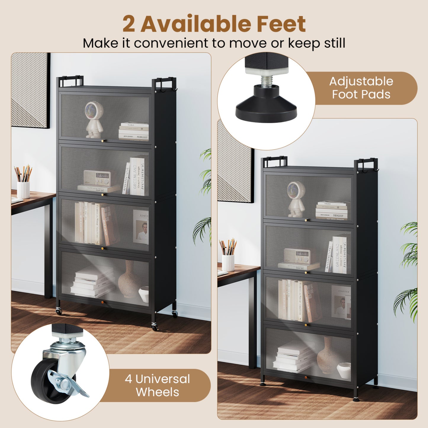 5-Tier Kitchen Cabinet, 4 Flip-Up Doors, Black
