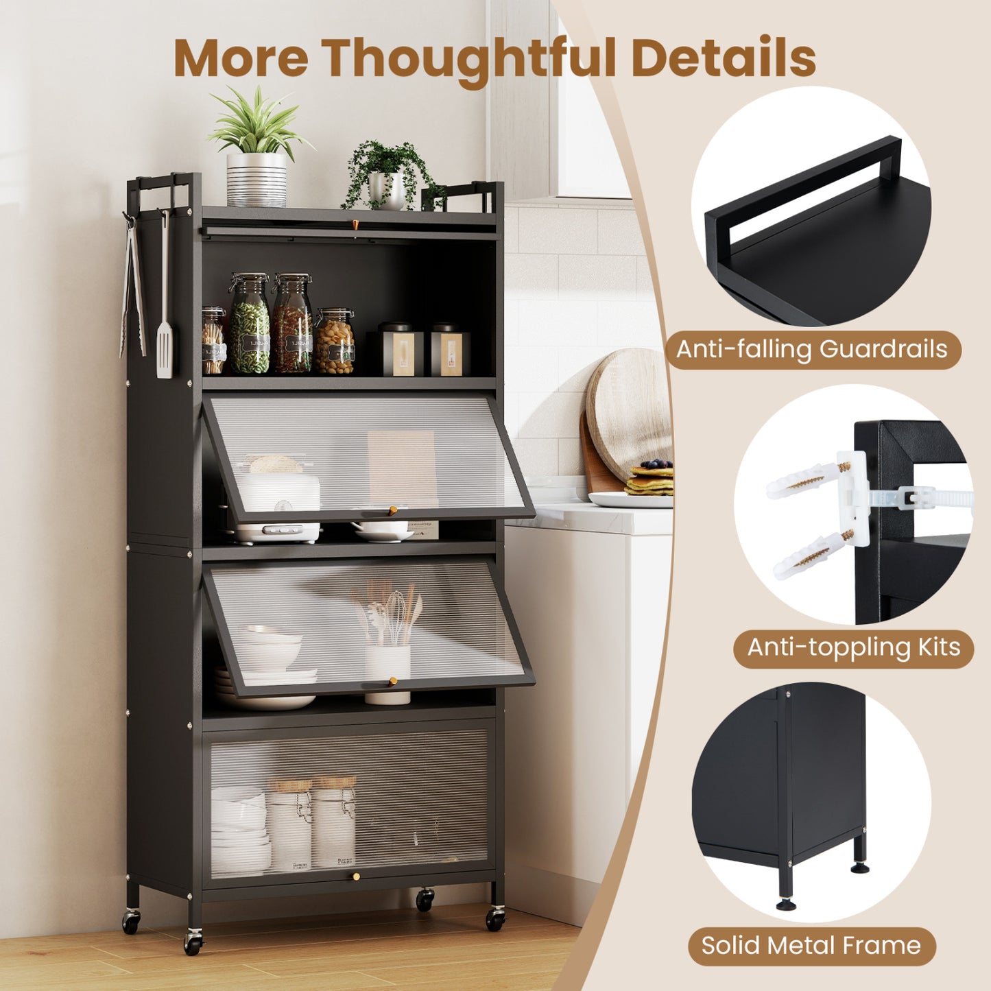 5-Tier Kitchen Cabinet, 4 Flip-Up Doors, Black