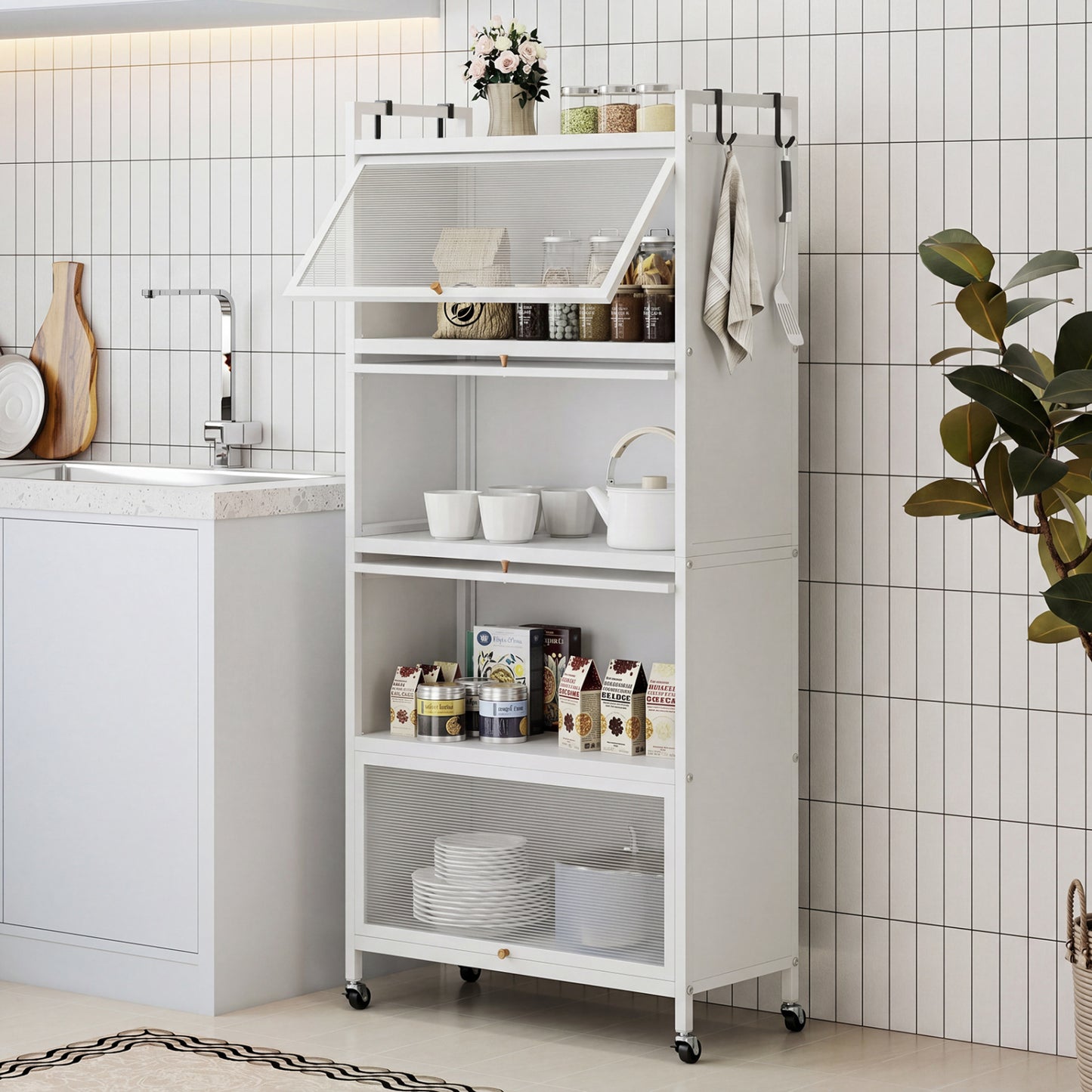 5-Tier Kitchen Storage Cabinet, Adjustable Feet, White