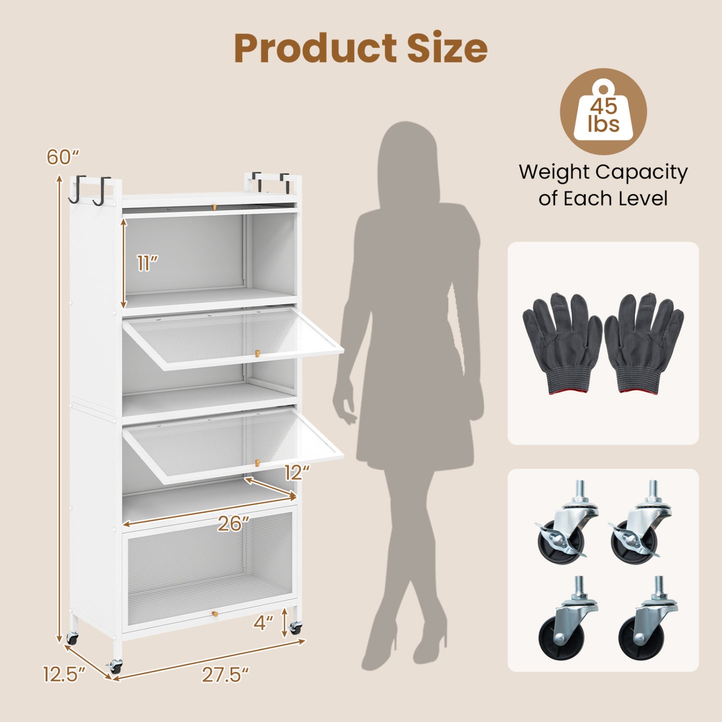 5-Tier Kitchen Storage Cabinet, Adjustable Feet, White