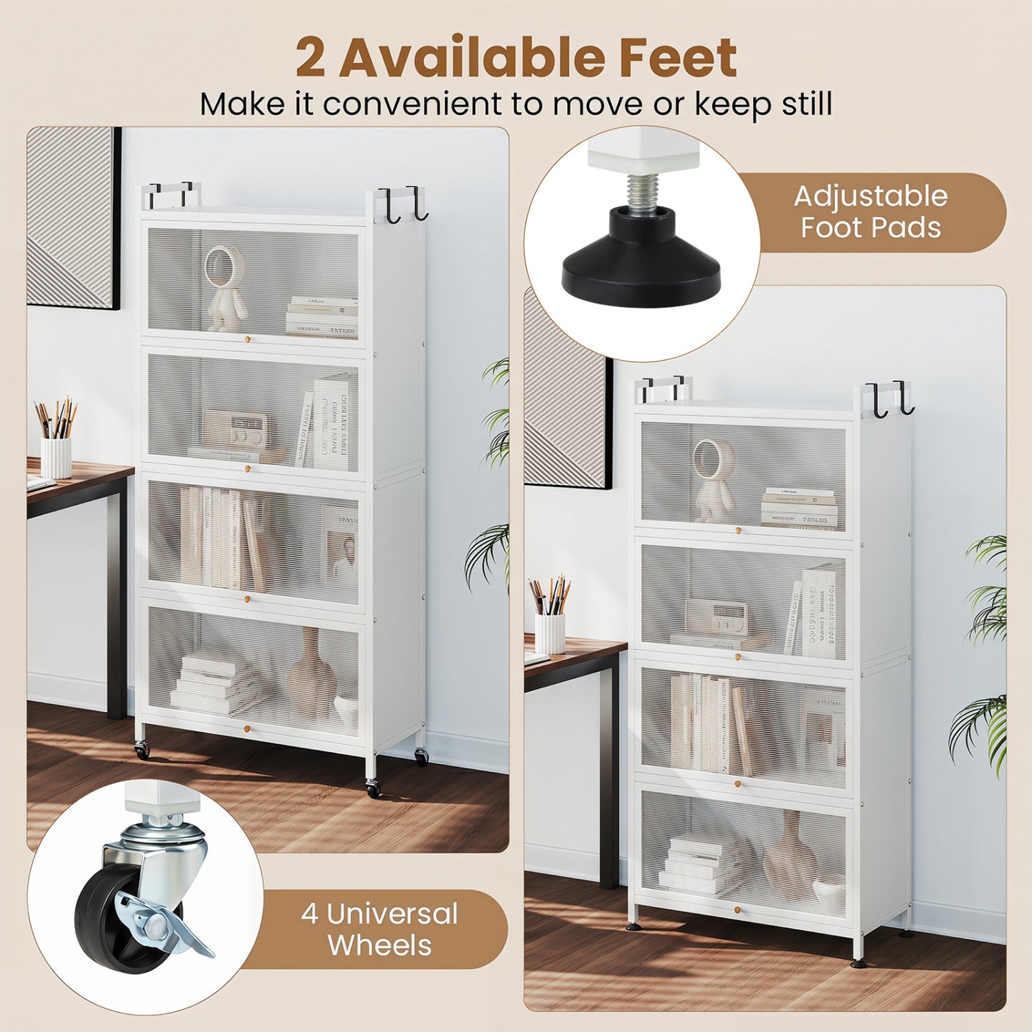 5-Tier Kitchen Storage Cabinet, Adjustable Feet, White