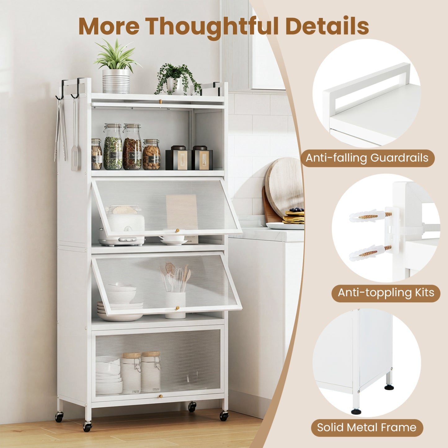 5-Tier Kitchen Storage Cabinet, Adjustable Feet, White