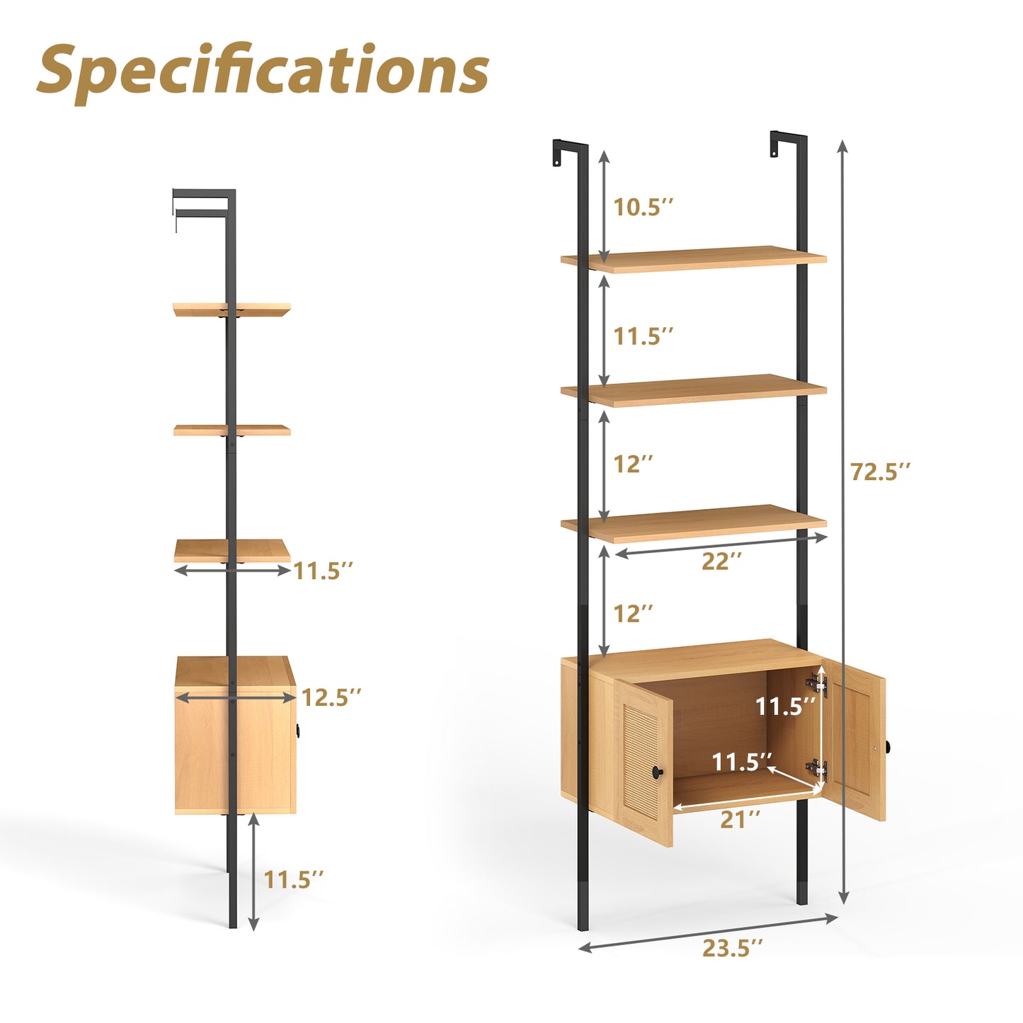 5-Tier Ladder Bookcase with Rattan Cabinet and Metal Frame, Natural Bookcases at Gallery Canada