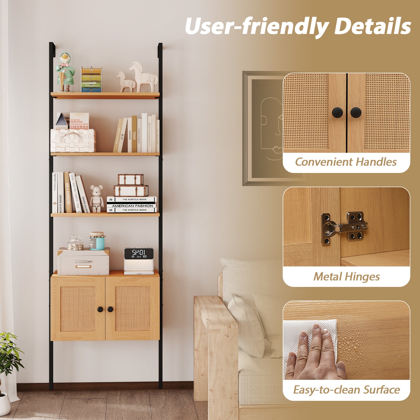 5-Tier Ladder Bookcase with Rattan Cabinet and Metal Frame, Natural Bookcases at Gallery Canada