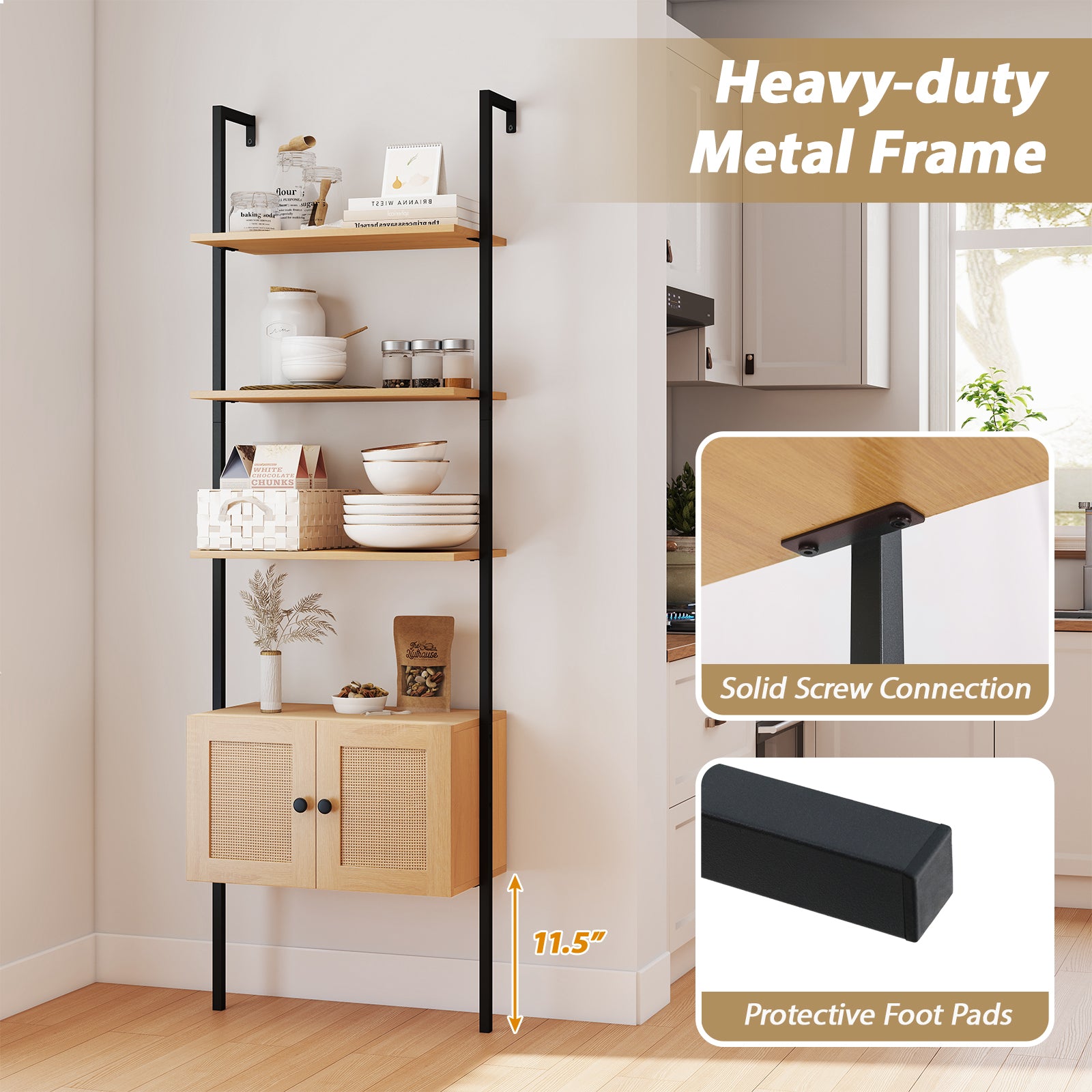 5-Tier Ladder Bookcase with Rattan Cabinet and Metal Frame, Natural Bookcases at Gallery Canada