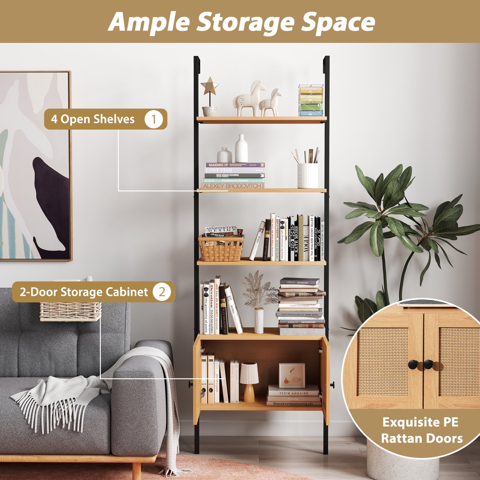 5-Tier Ladder Bookcase with Rattan Cabinet and Metal Frame, Natural Bookcases at Gallery Canada
