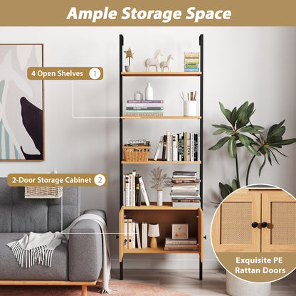 5-Tier Ladder Bookcase with Rattan Cabinet and Metal Frame, Natural Bookcases at Gallery Canada