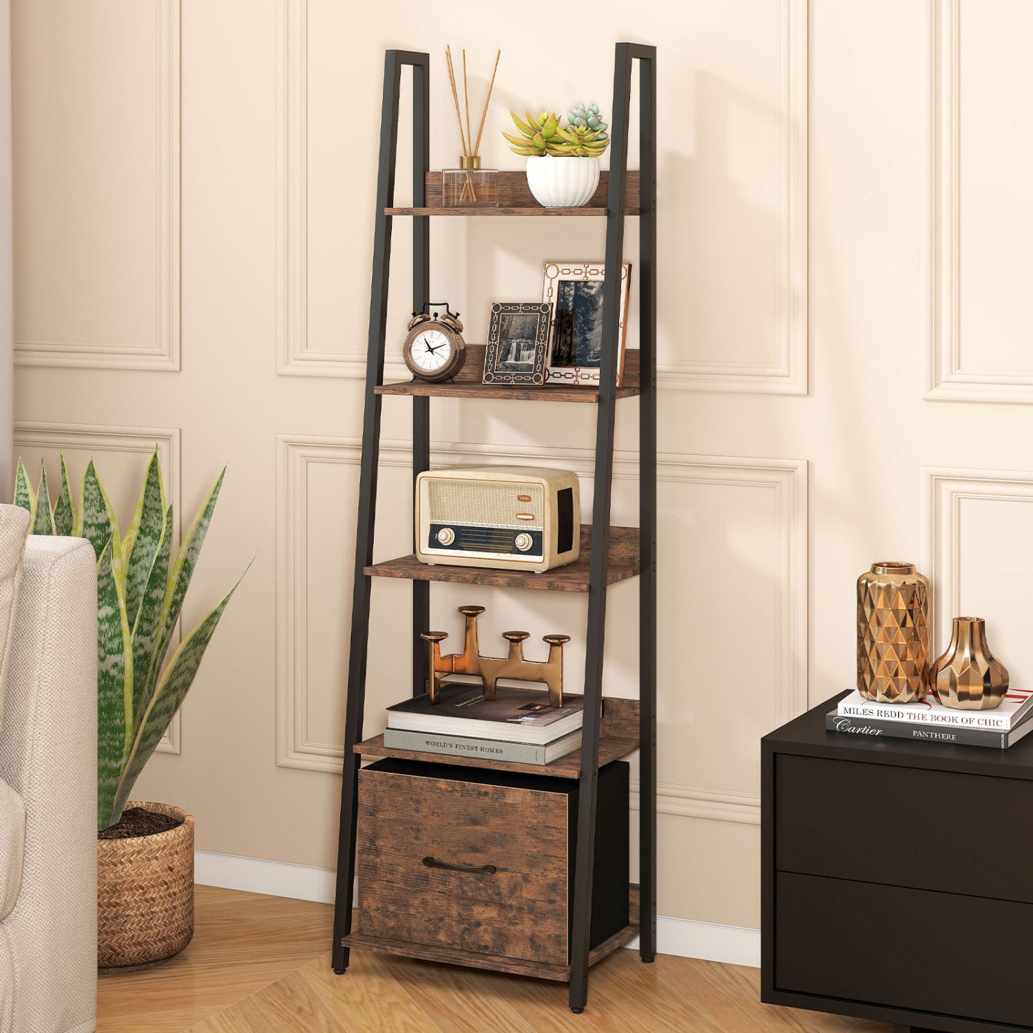 5-Tier Ladder Bookshelf with Fabric Drawer for Living Room and Home Office, Rustic Brown Bookcases at Gallery Canada