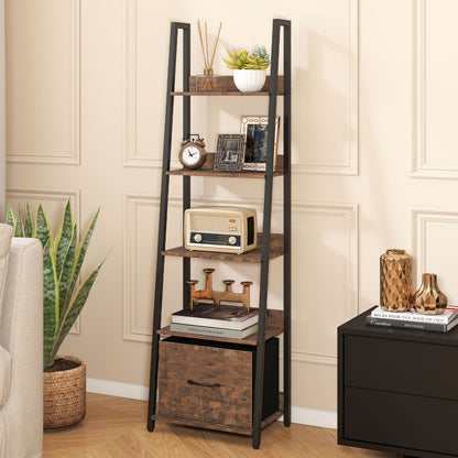 5-Tier Ladder Bookshelf with Fabric Drawer for Living Room and Home Office, Rustic Brown Bookcases at Gallery Canada