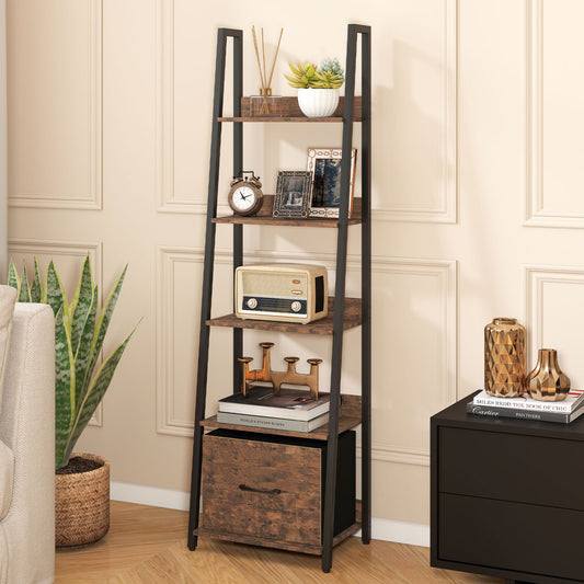 5-Tier Ladder Bookshelf with Fabric Drawer for Living Room and Home Office, Rustic Brown Bookcases Rustic Brown at Gallery Canada