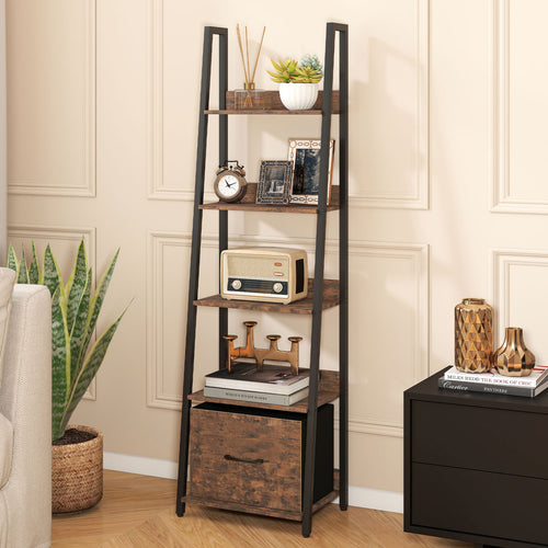 5-Tier Ladder Bookshelf with Fabric Drawer for Living Room and Home Office, Rustic Brown