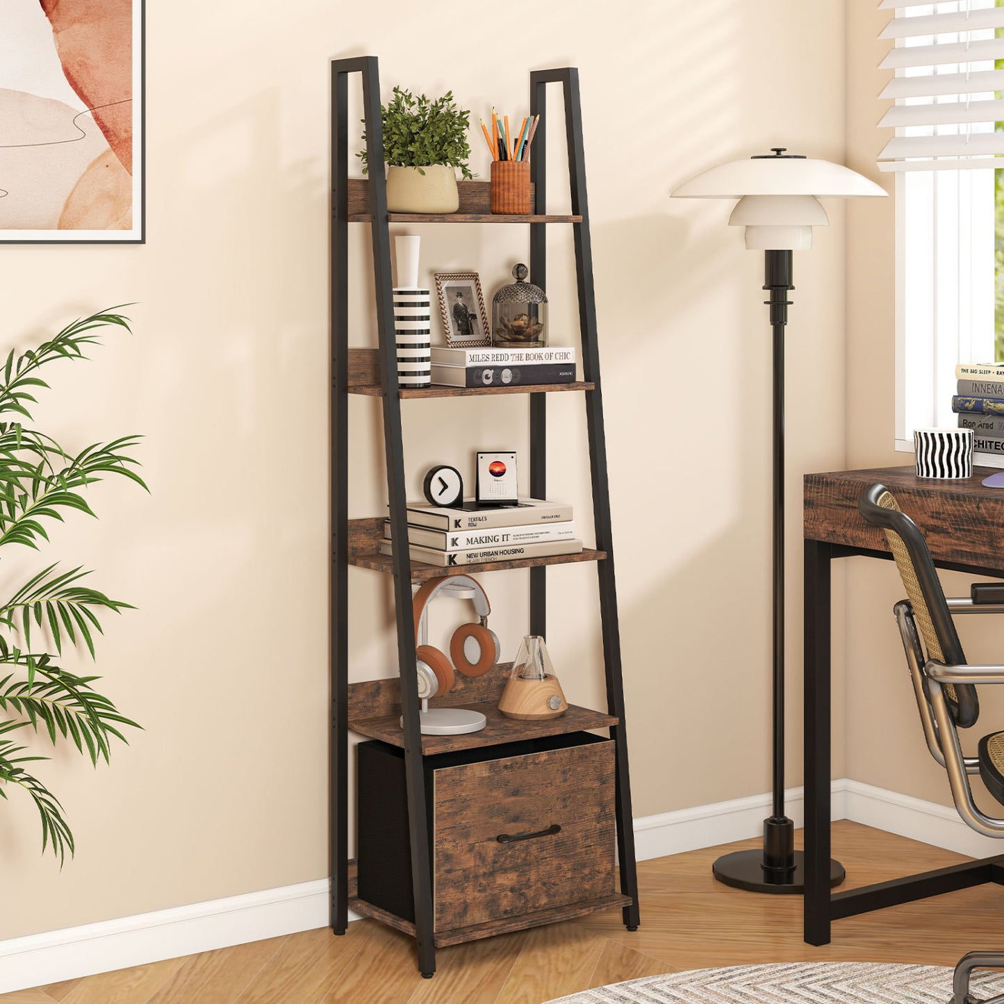 5-Tier Ladder Bookshelf with Fabric Drawer for Living Room and Home Office, Rustic Brown Bookcases at Gallery Canada