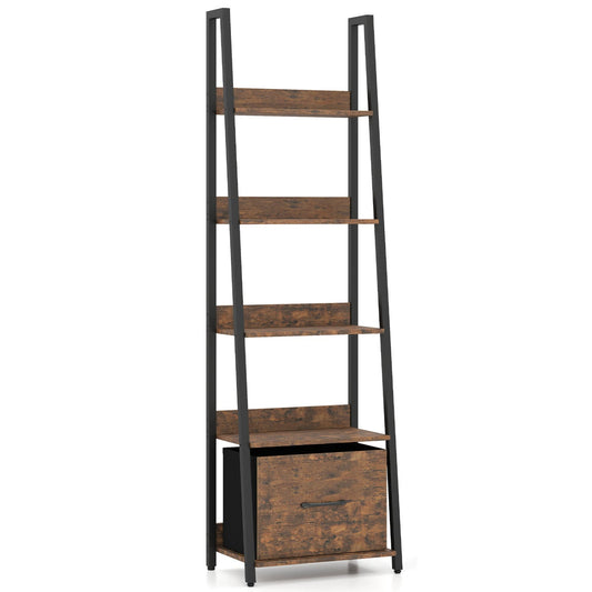 5-Tier Ladder Bookshelf with Fabric Drawer for Living Room and Home Office, Rustic Brown Bookcases Rustic Brown at Gallery Canada