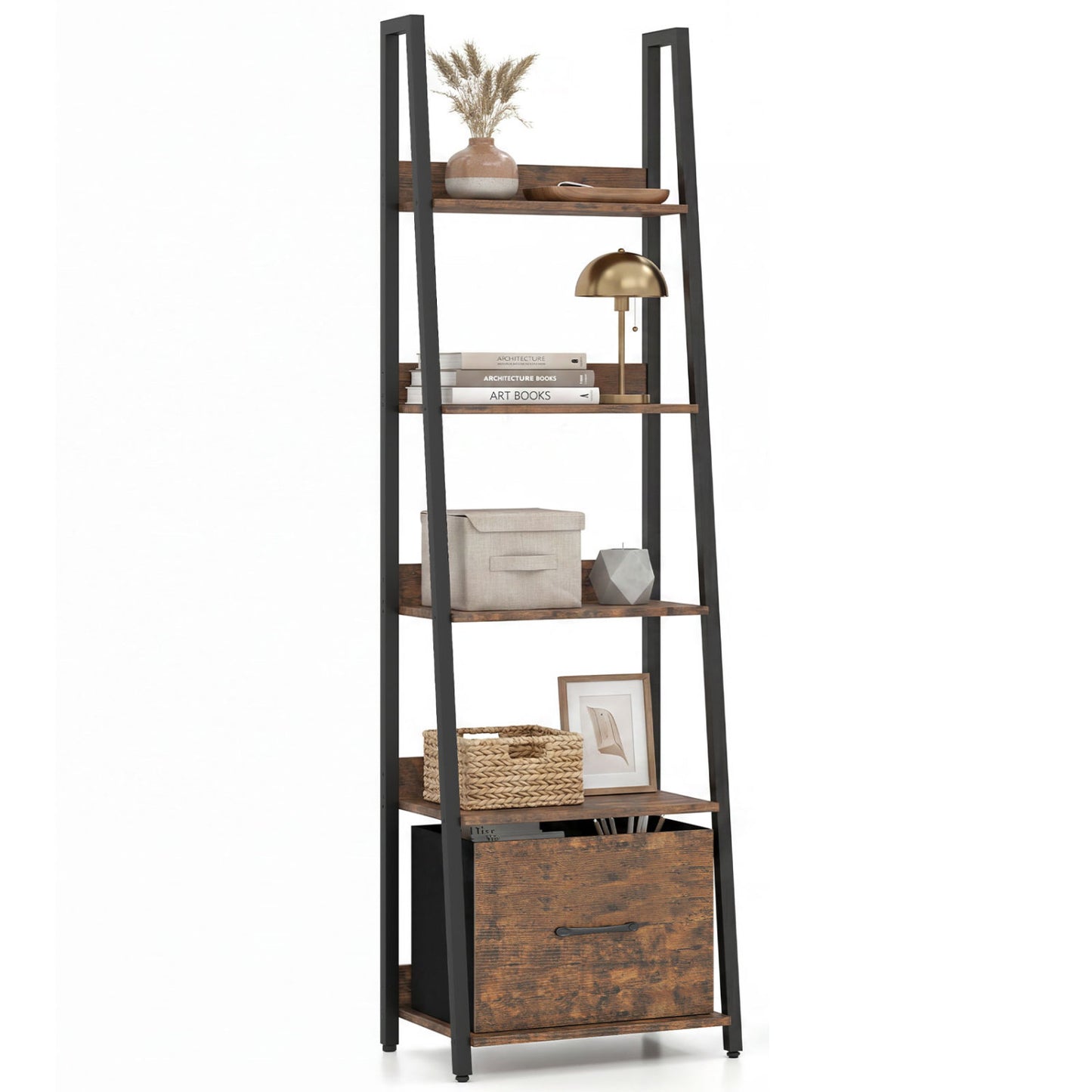 5-Tier Ladder Bookshelf with Fabric Drawer for Living Room and Home Office, Rustic Brown Bookcases at Gallery Canada