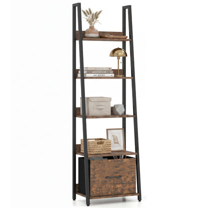 5-Tier Ladder Bookshelf with Fabric Drawer for Living Room and Home Office, Rustic Brown Bookcases at Gallery Canada