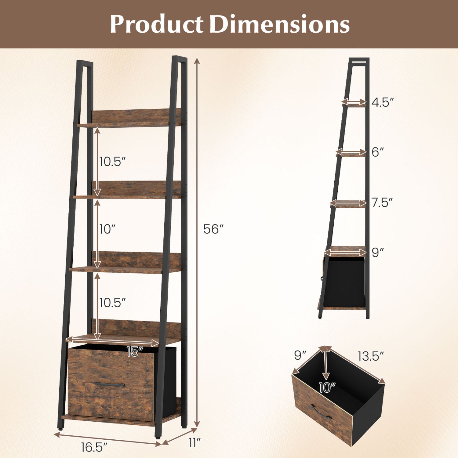 5-Tier Ladder Bookshelf with Fabric Drawer for Living Room and Home Office, Rustic Brown Bookcases at Gallery Canada