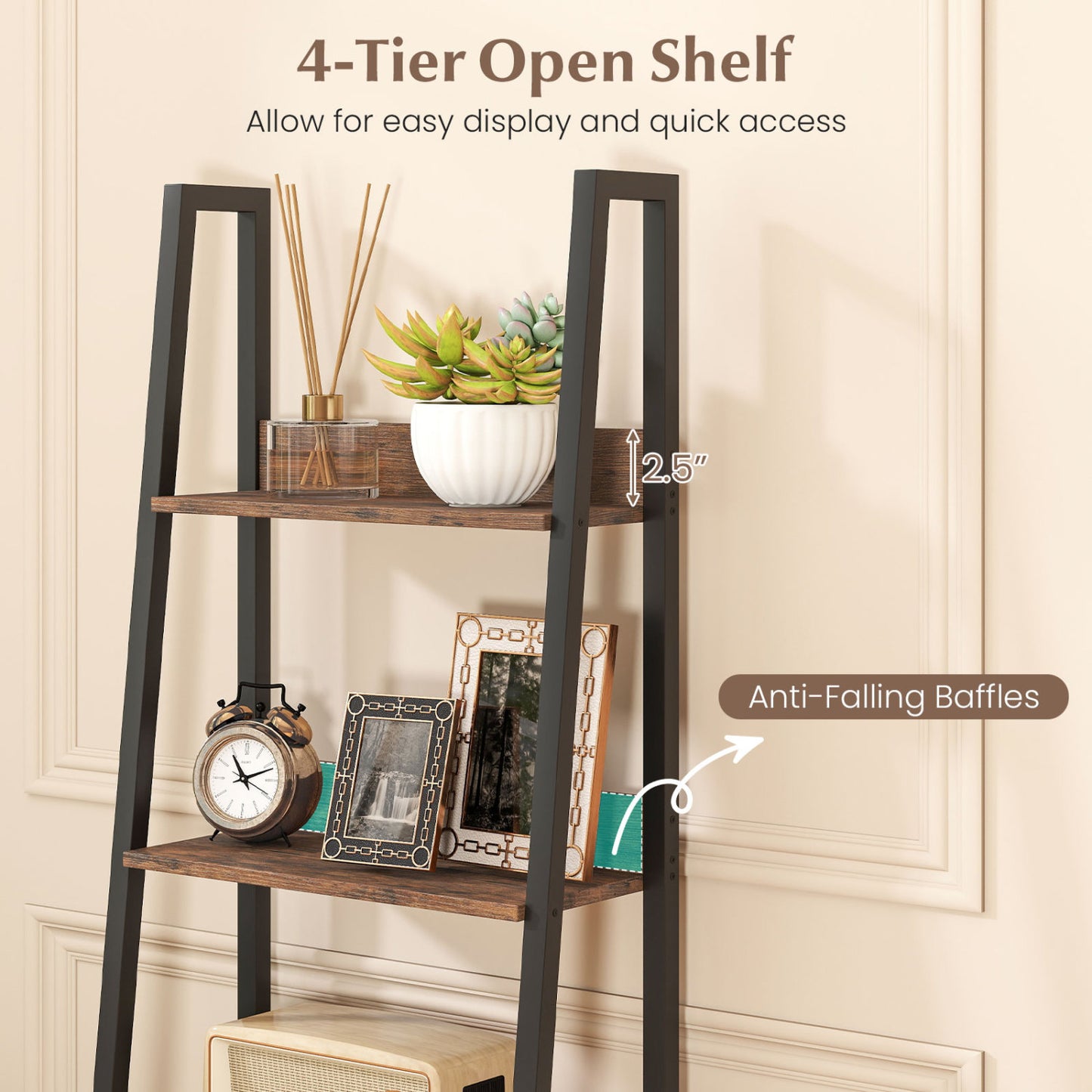 5-Tier Ladder Bookshelf with Fabric Drawer for Living Room and Home Office, Rustic Brown Bookcases at Gallery Canada