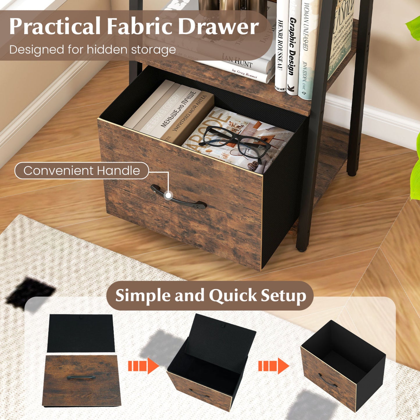 5-Tier Ladder Bookshelf with Fabric Drawer for Living Room and Home Office, Rustic Brown Bookcases at Gallery Canada