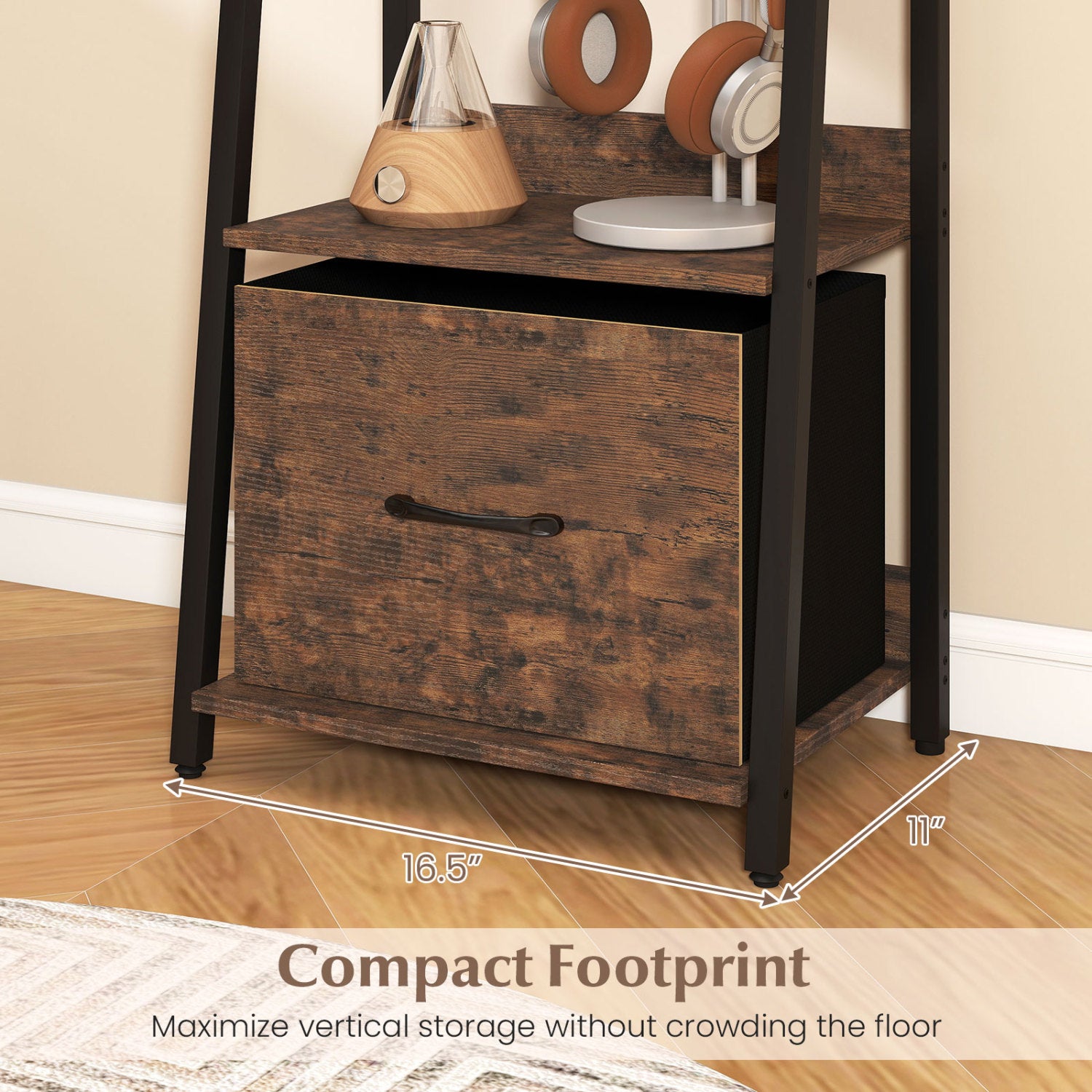 5-Tier Ladder Bookshelf with Fabric Drawer for Living Room and Home Office, Rustic Brown Bookcases at Gallery Canada