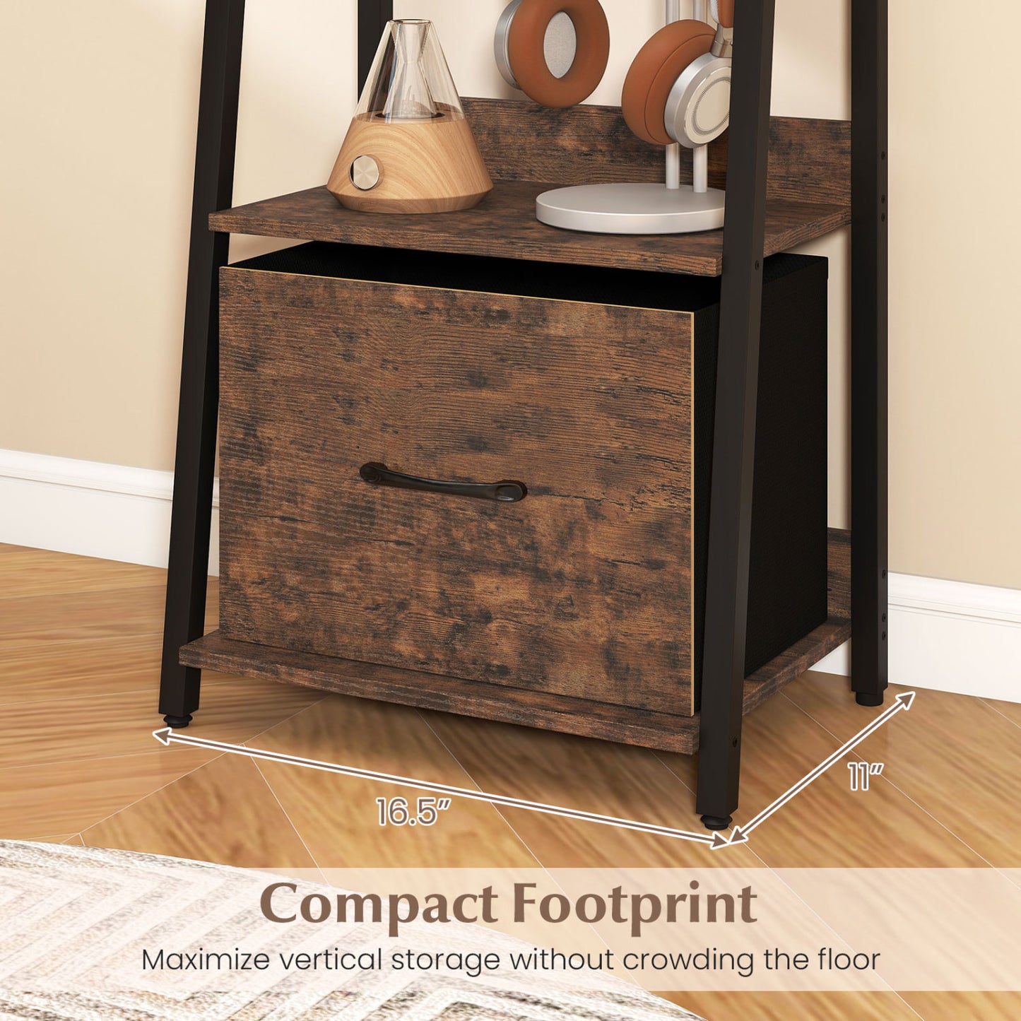 5-Tier Ladder Bookshelf with Fabric Drawer for Living Room and Home Office, Rustic Brown Bookcases at Gallery Canada
