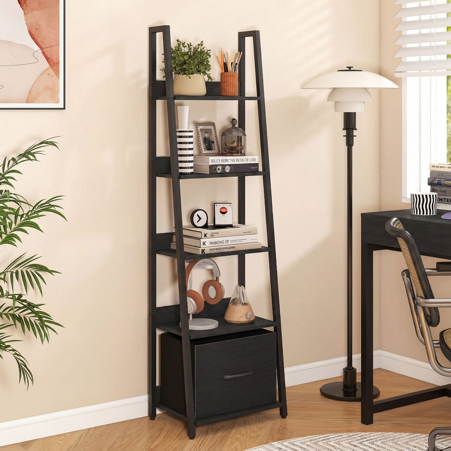 5-Tier Ladder Bookshelf with Fabric Drawer for Living Room and Home Office, Black Bookcases at Gallery Canada