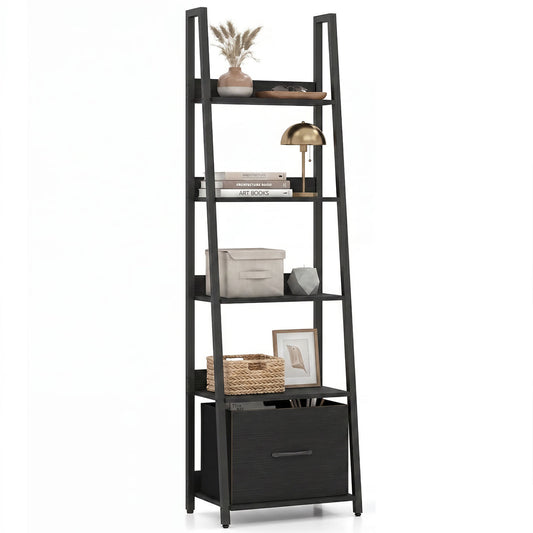5-Tier Ladder Bookshelf with Fabric Drawer for Living Room and Home Office, Black Bookcases Black at Gallery Canada