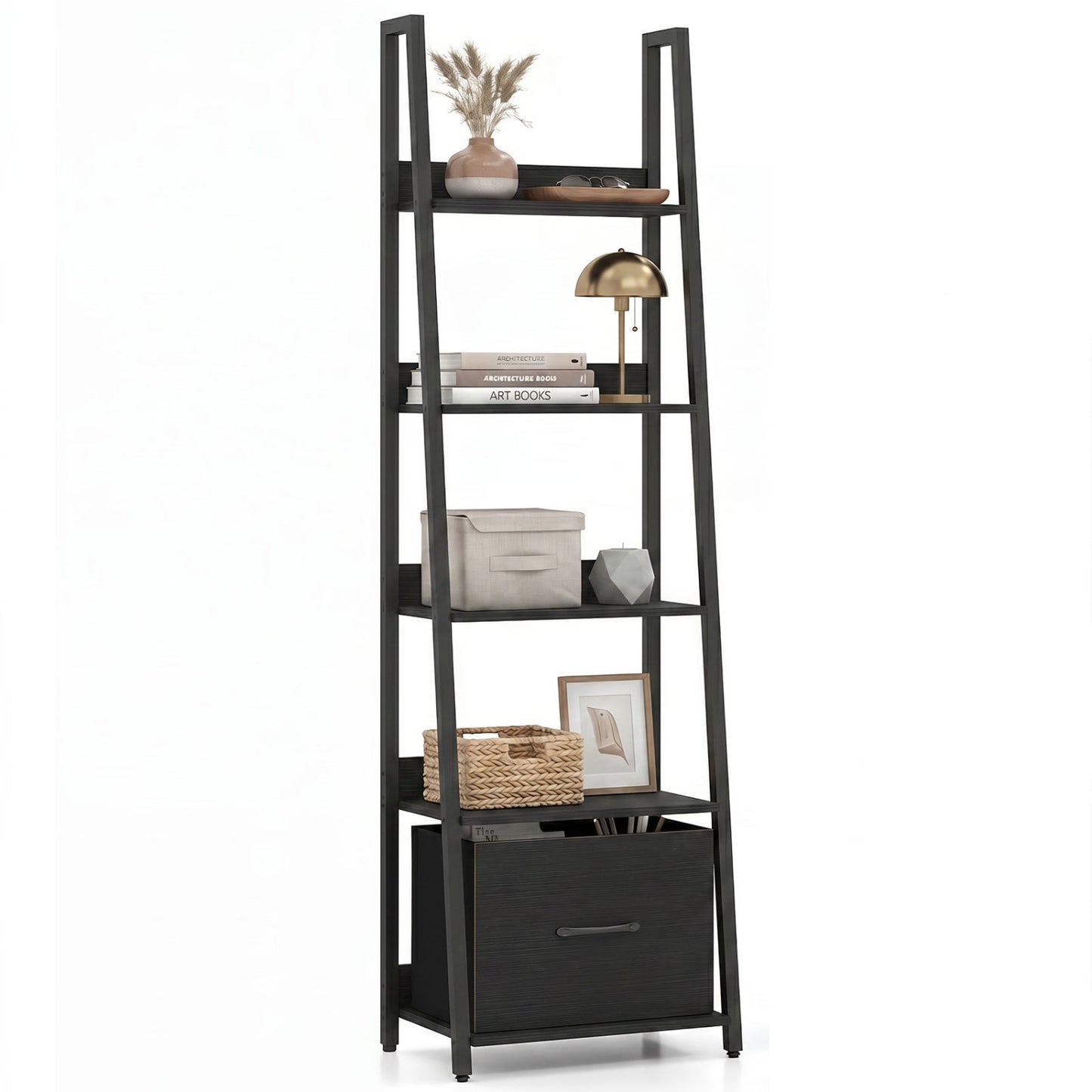 5-Tier Ladder Bookshelf with Fabric Drawer for Living Room and Home Office, Black Bookcases Black at Gallery Canada