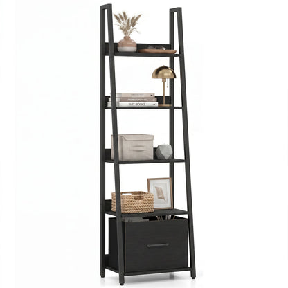 5-Tier Ladder Bookshelf with Fabric Drawer for Living Room and Home Office, Black Bookcases Black at Gallery Canada