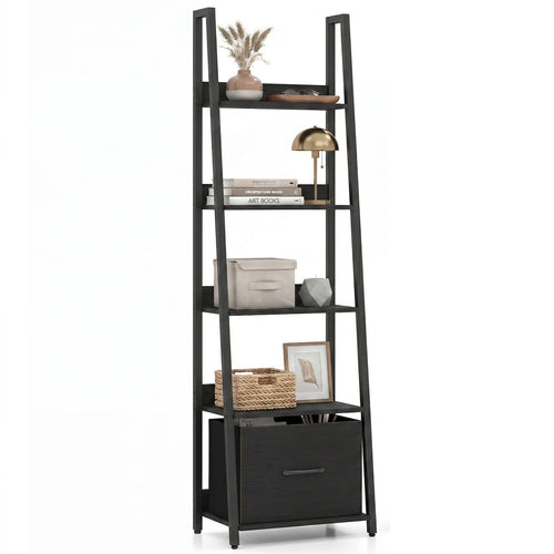 5-Tier Ladder Bookshelf with Fabric Drawer for Living Room and Home Office, Black