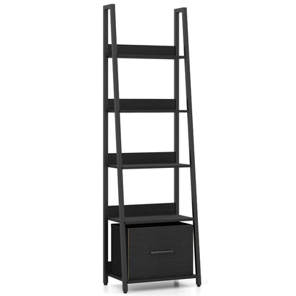 5-Tier Ladder Bookshelf with Fabric Drawer for Living Room and Home Office, Black Bookcases at Gallery Canada