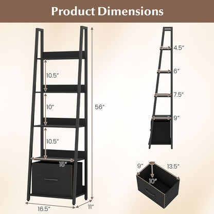5-Tier Ladder Bookshelf with Fabric Drawer for Living Room and Home Office, Black Bookcases at Gallery Canada