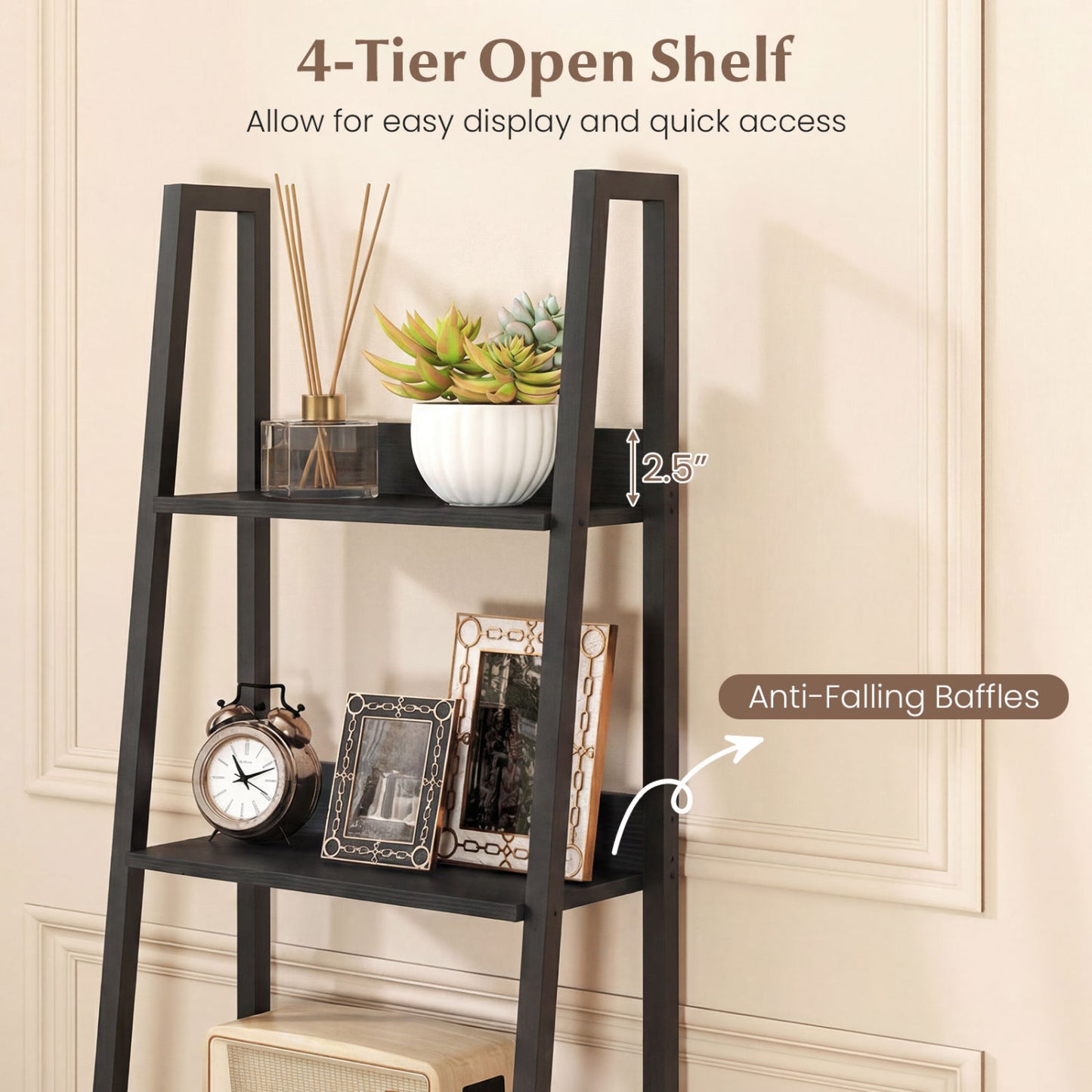 5-Tier Ladder Bookshelf with Fabric Drawer for Living Room and Home Office, Black Bookcases at Gallery Canada