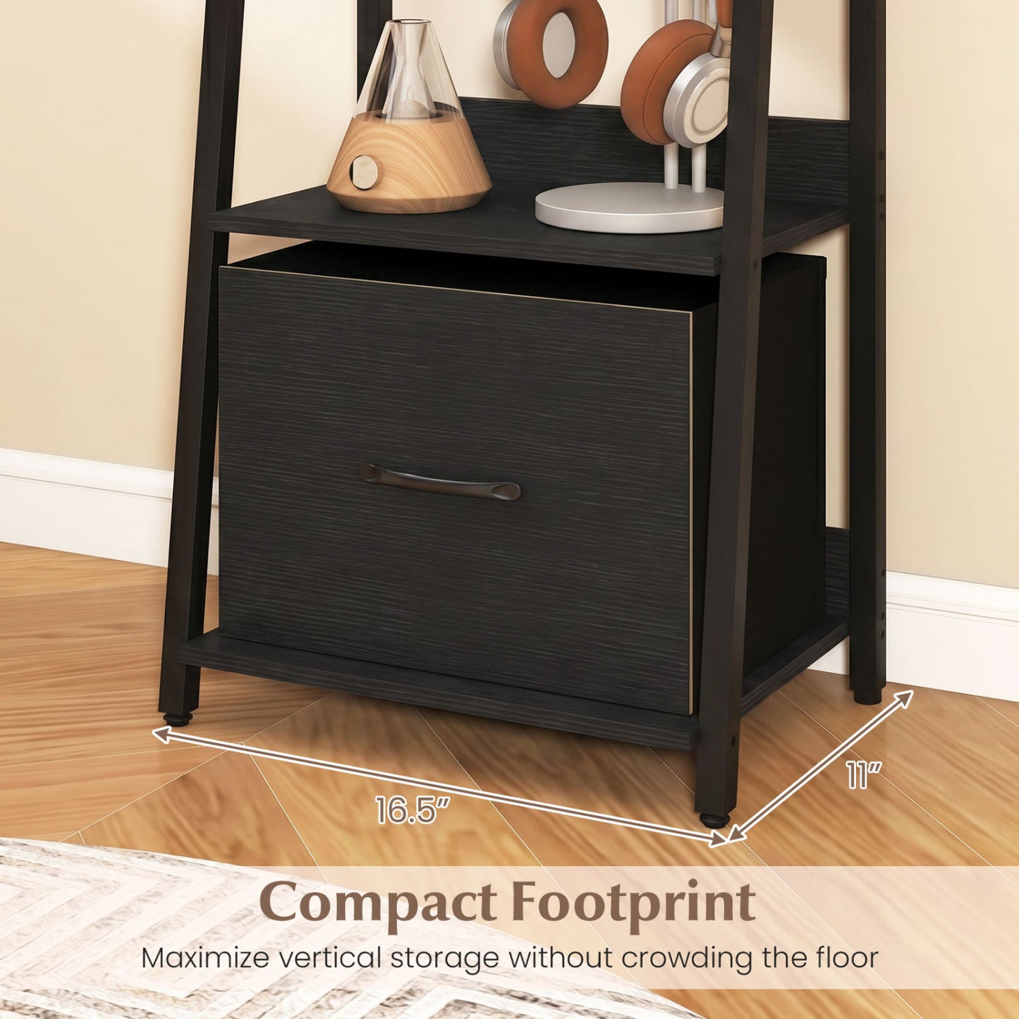 5-Tier Ladder Bookshelf with Fabric Drawer for Living Room and Home Office, Black Bookcases at Gallery Canada