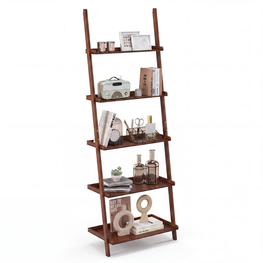 5-Tier Bamboo Ladder Shelf, Wall-Leaning Storage Stand, Walnut Bookcases Walnut at Gallery Canada