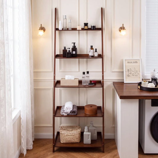 5-Tier Bamboo Ladder Shelf, Wall-Leaning Storage Stand, Walnut Bookcases Walnut at Gallery Canada