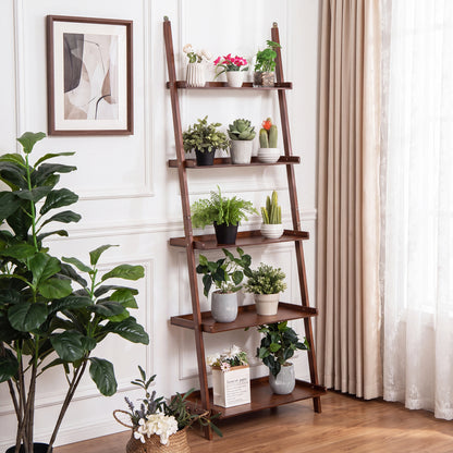 5-Tier Ladder Shelf Bamboo Bookshelf Leaning Storage Stand, Walnut