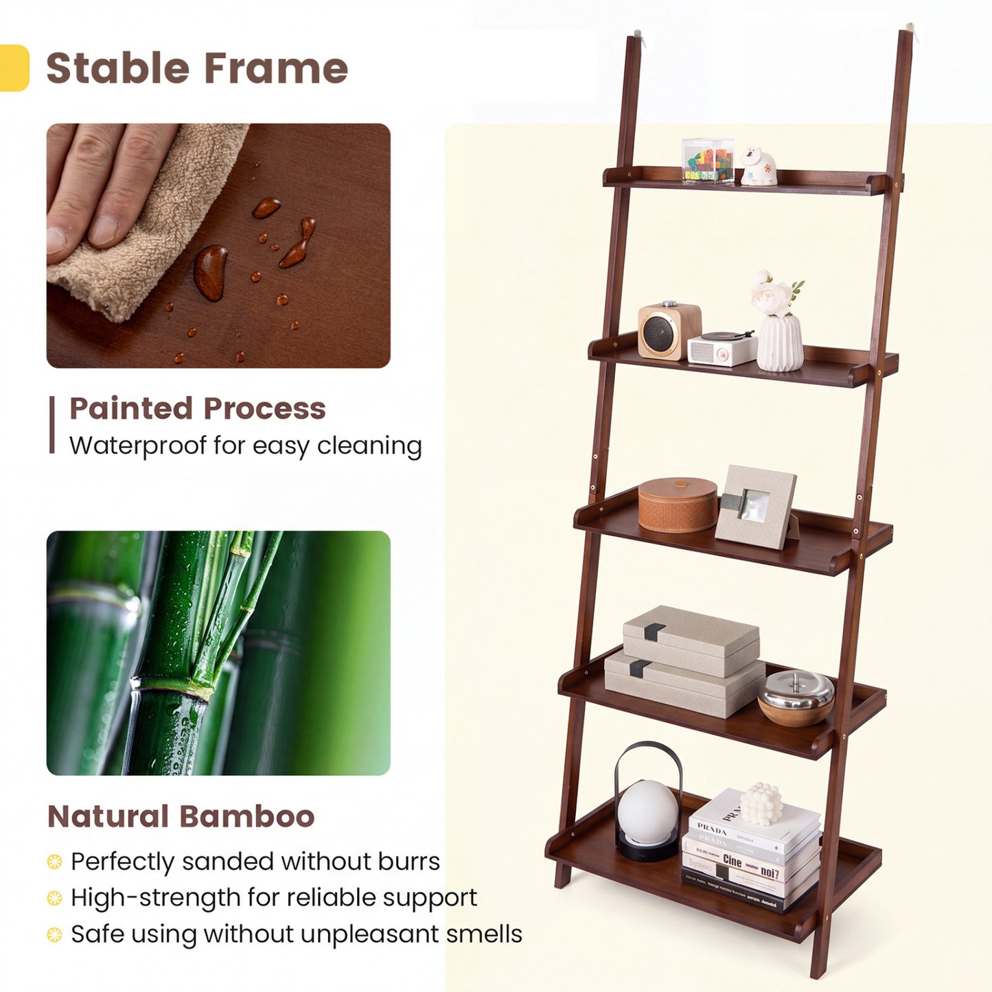 5-Tier Ladder Shelf Bamboo Bookshelf Leaning Storage Stand, Walnut