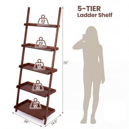 5-Tier Ladder Shelf Bamboo Bookshelf Leaning Storage Stand, Walnut
