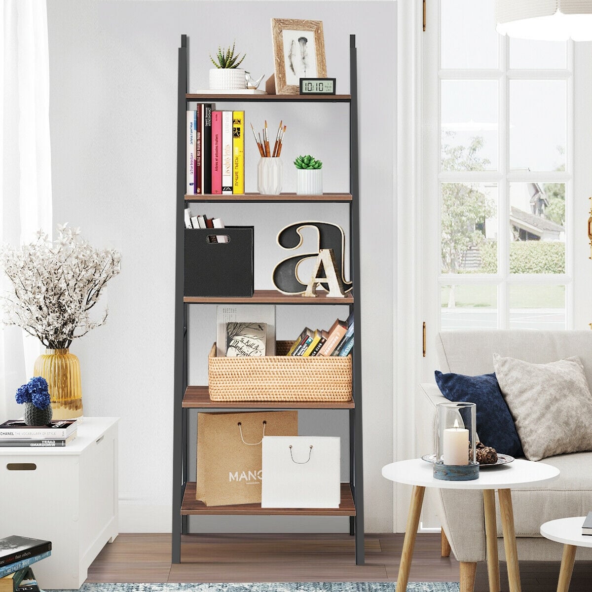 5 Tier Leaning Bookshelf Wood Metal Bookcase Bookcases at Gallery Canada