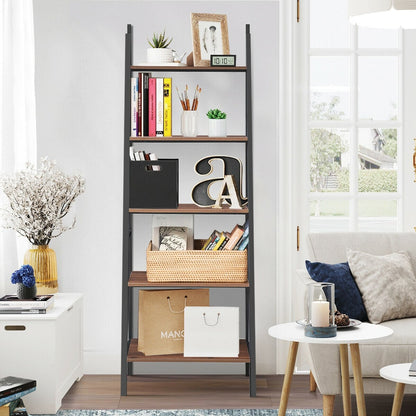 5 Tier Leaning Bookshelf Wood Metal Bookcase Bookcases at Gallery Canada