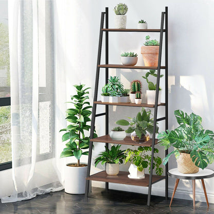 5 Tier Leaning Bookshelf Wood Metal Bookcase Bookcases at Gallery Canada