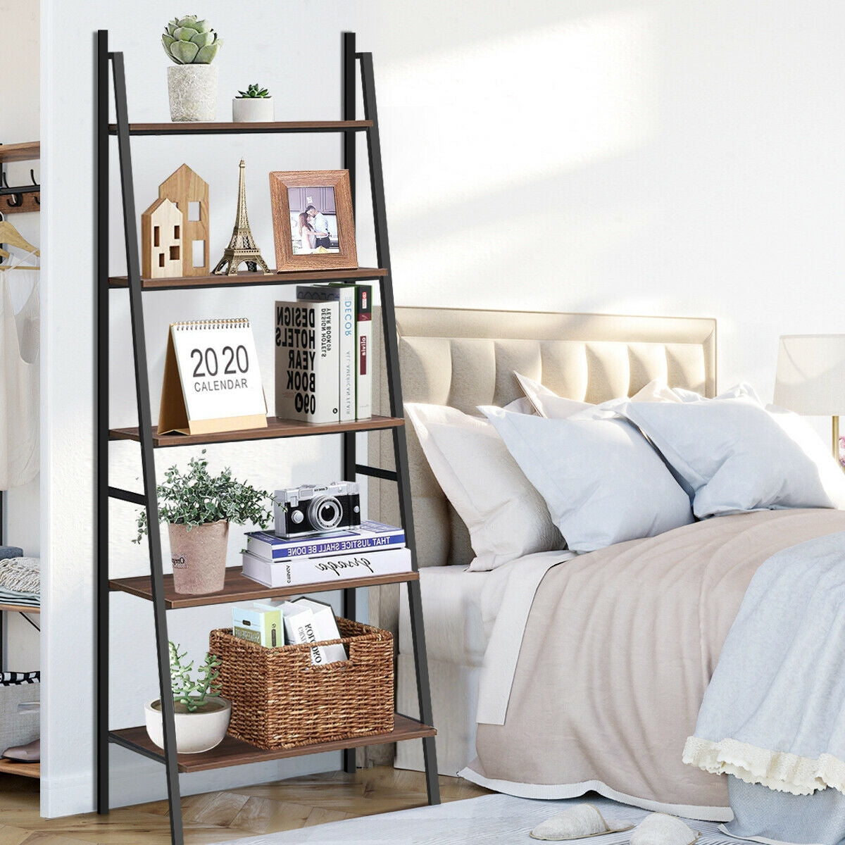 5 Tier Leaning Bookshelf Wood Metal Bookcase Bookcases at Gallery Canada