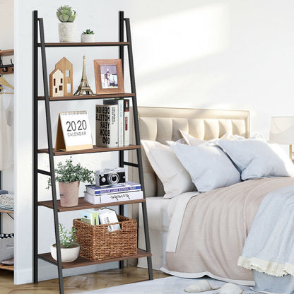 5 Tier Leaning Bookshelf Wood Metal Bookcase Bookcases at Gallery Canada