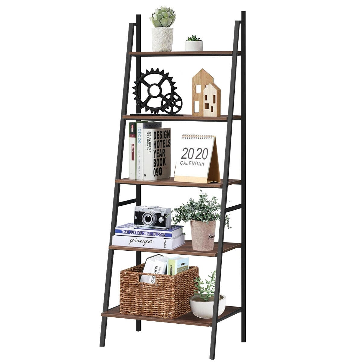 5 Tier Leaning Bookshelf Wood Metal Bookcase Bookcases at Gallery Canada