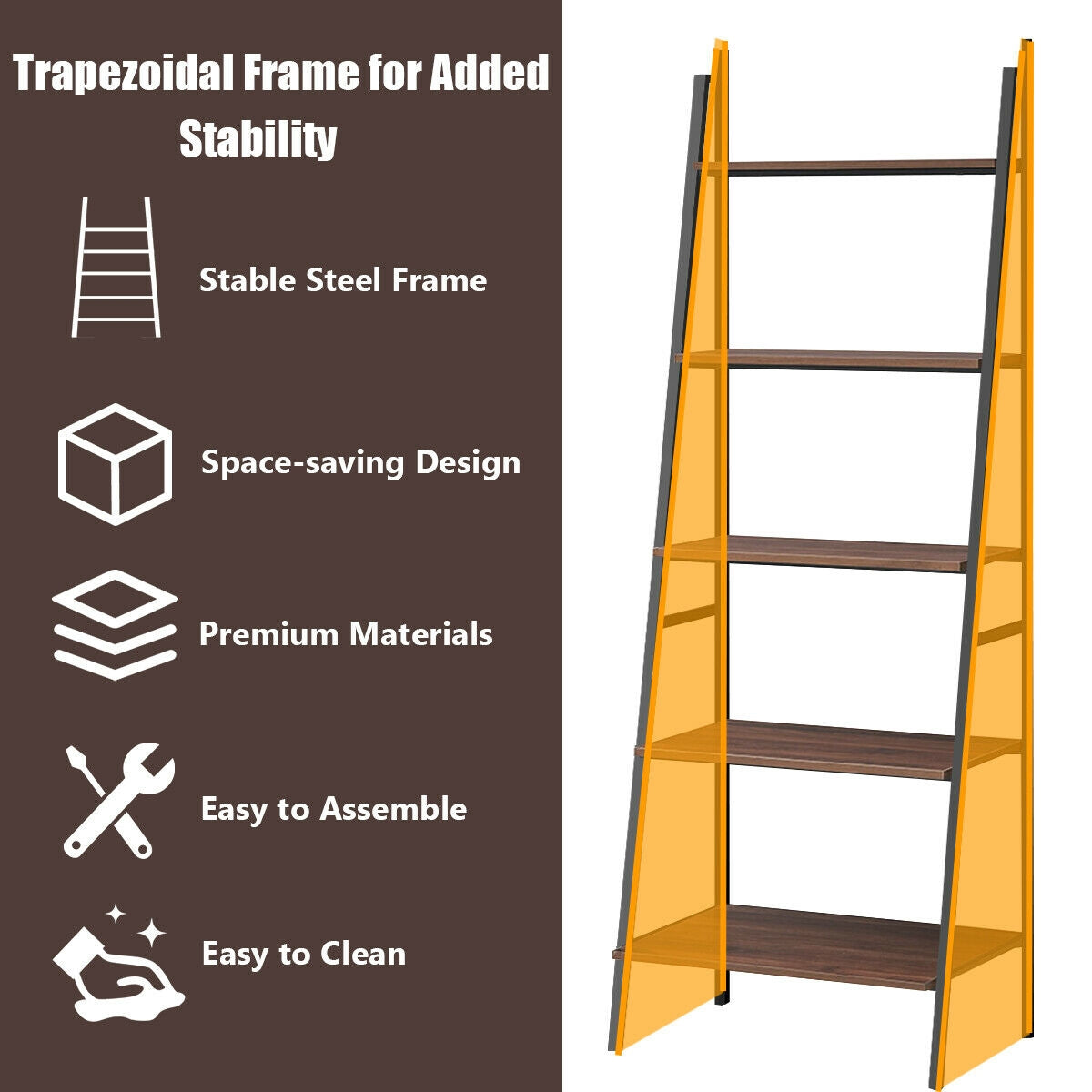 5 Tier Leaning Bookshelf Wood Metal Bookcase Bookcases at Gallery Canada