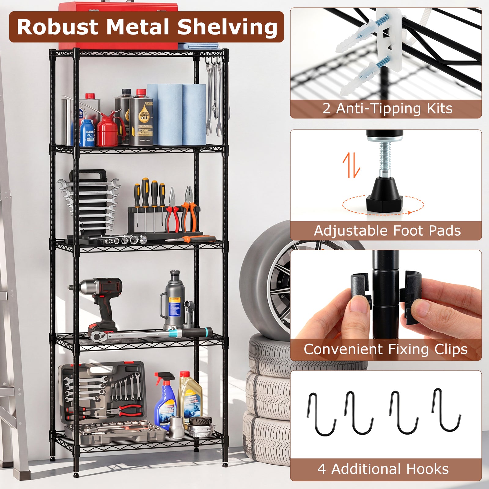 5-Tier Metal Storage Shelving Unit Set of 2 with V-Shaped Wire Rack, Black Garages at Gallery Canada