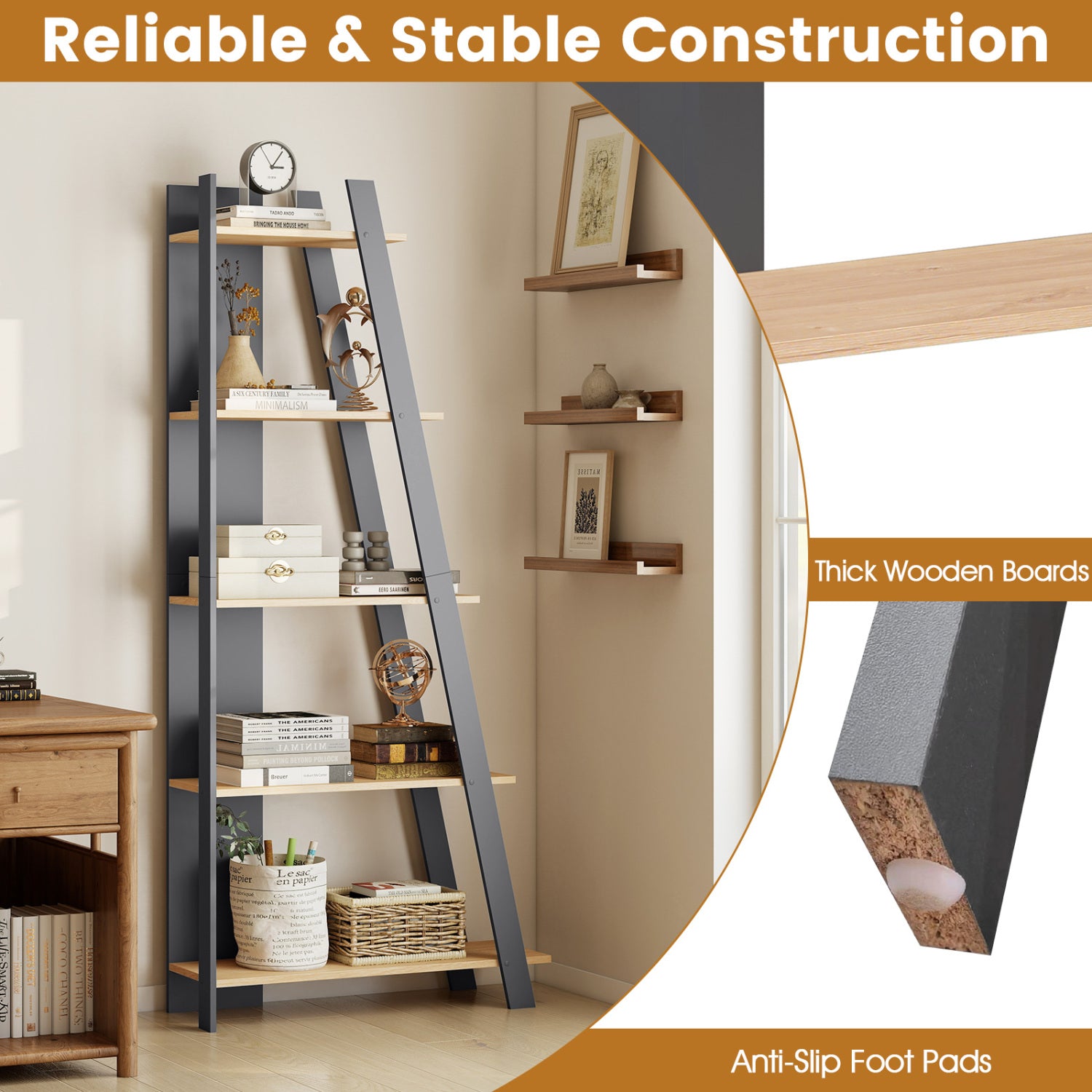 5-Tier Modern Bookshelf Narrow Vertical Display Shelf for Small Space, Gray Bookcases at Gallery Canada