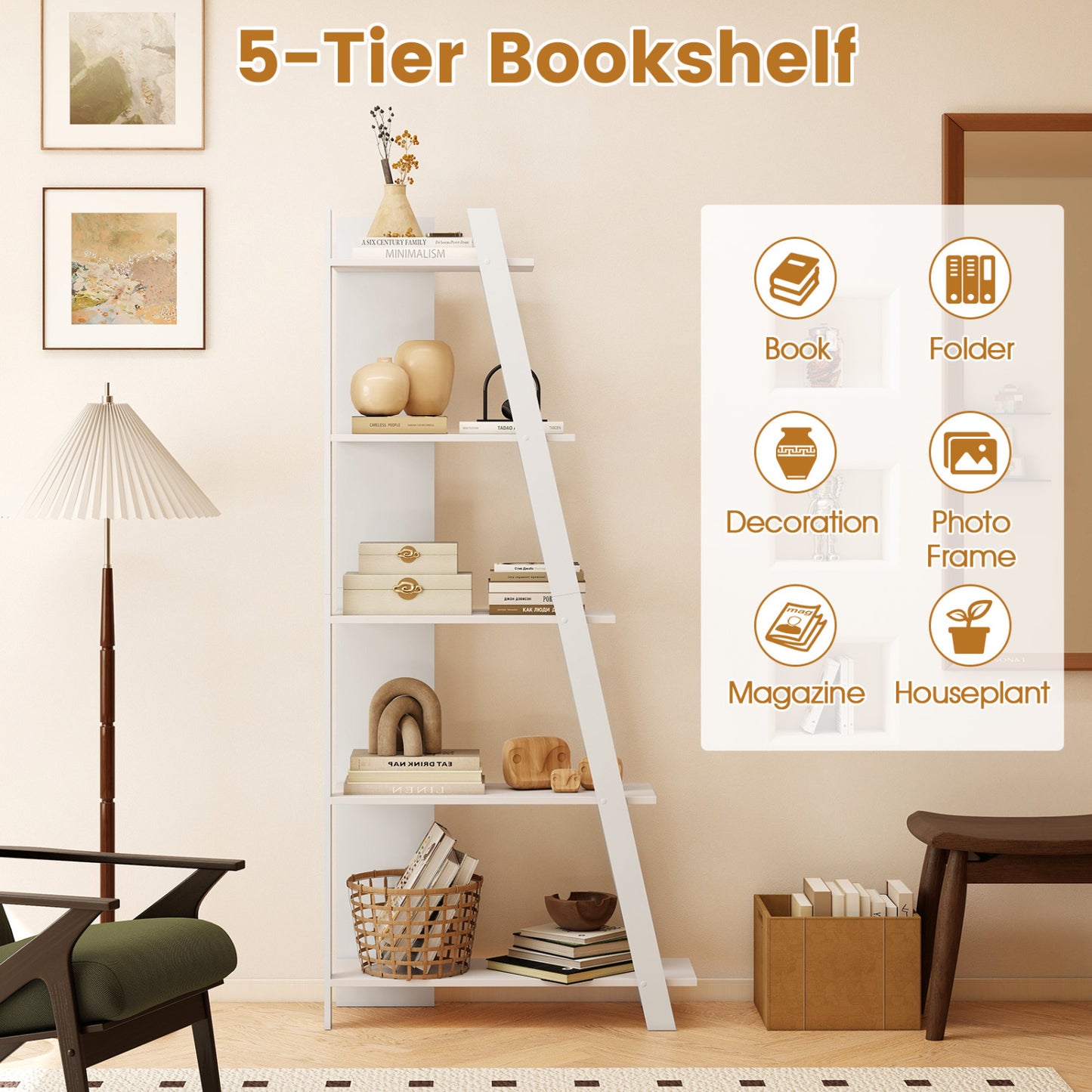 5-Tier Modern Bookshelf Narrow Vertical Display Shelf for Small Space, White Bookcases at Gallery Canada